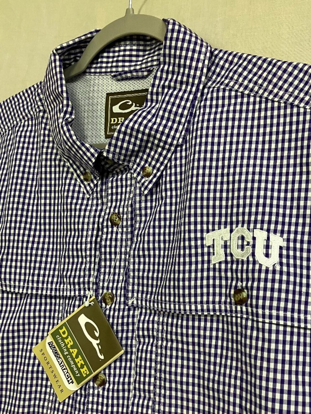 Campus Specialties TCU Men's Large Purple White Short Sleeve Button Down Plaid